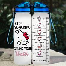 Sanrio 1 pieza Botella deportiva de gran capacidad Sanrio Hello Kitty, de plástico resistente a los arañazos, taza de viaje a prueba de fugas con marcas de escala, adecuada para deportes al aire libre, fitness, camping, hidratación de verano, 1000ml/32oz (con cordón incluido)
