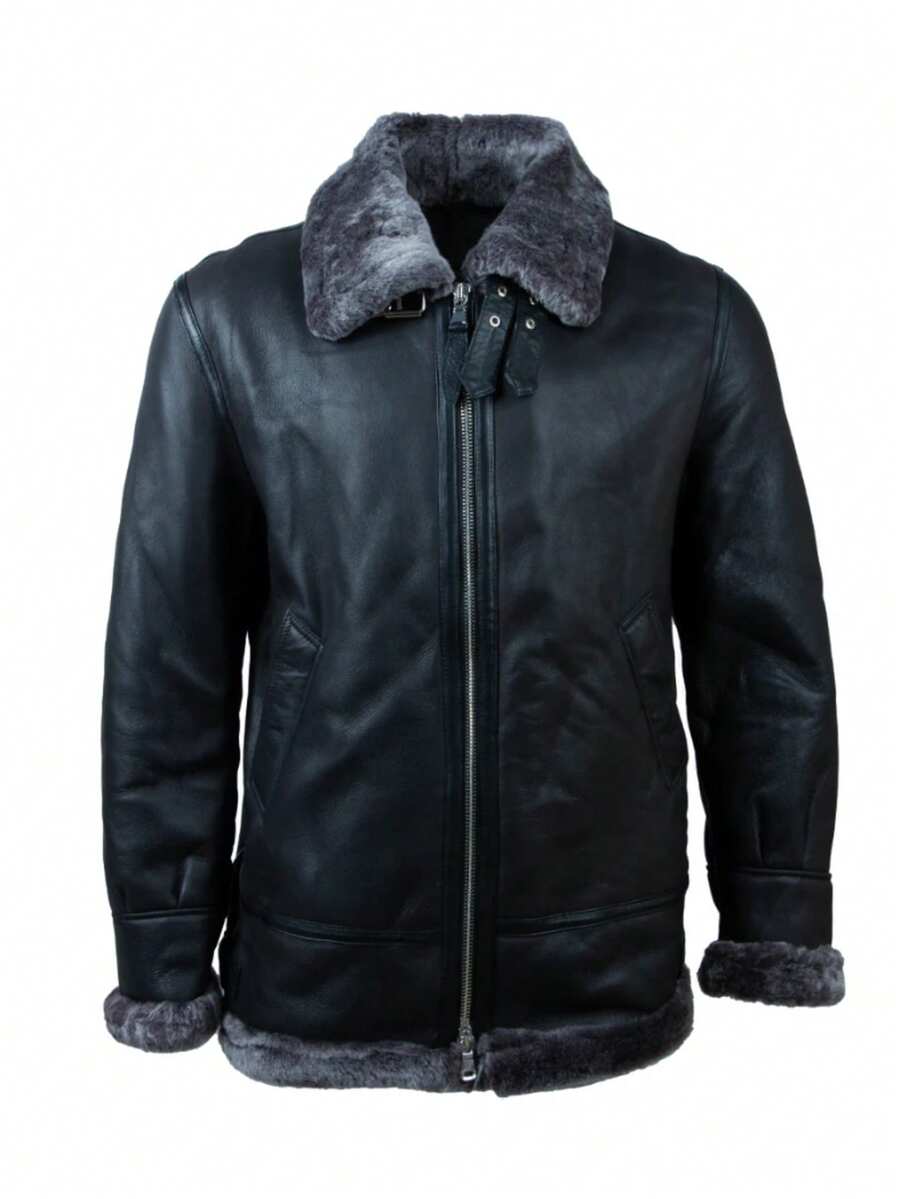 AVIATRIX Men's Real Leather Shearling Jacket JEE2 - Black - View 1