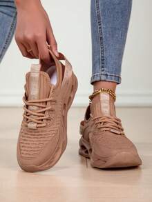 1 Pair Women's Fashion Solid Color Running Shoes, Breathable Non-Slip Sports Shoes, Lightweight & Comfortable Outdoor Sneakers, Soft Platform Increase Height Chunky Sneakers, Shock Absorbing, Mesh Fabric, Convenient Slip-On, Versatile For Outdoor, School, Travel, Walking - Brown - View 5