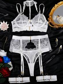Bộ đồ lót gợi cảm 3 món dành cho nữ, bao gồm áo ngực, dây nịt và áo hai dây, thích hợp cho tiệc tùng, quà tặng ngày lễ và biểu diễn trên sân khấu. - trắng - Xem 3
