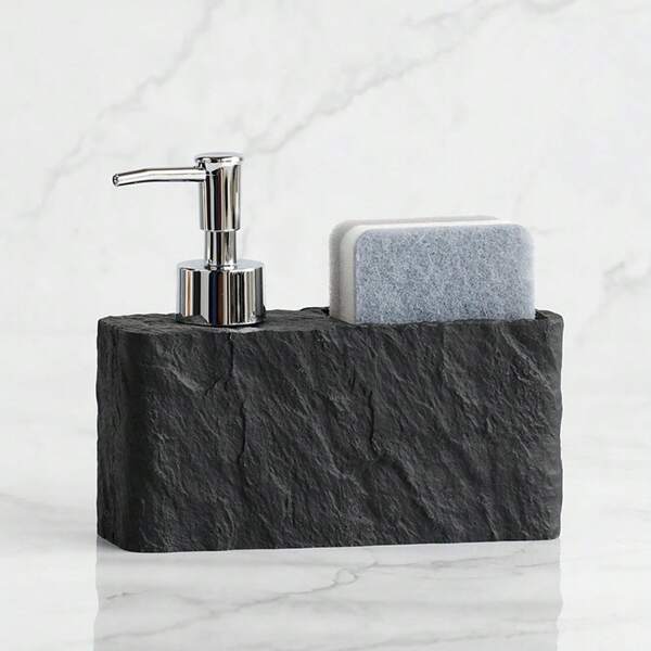 Dispensador de jabón con patrón de rocas, dispensador de jabón de resina con bomba y soporte para esponja, dispensador de jabón líquido para fregadero de cocina, dispensador de jabón de manos para baño