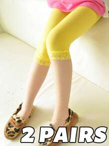 2/3/4/5 Pairs Lace-Trimmed Candy Color Girls 3/4 Leggings & Capri Shorts, Spring/Summer
