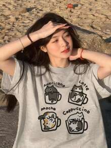 全新夏季女式独特设计字母和小猫图案印花圆领休闲百搭短袖 T 恤