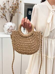 Sac en paille tressé de style simple Ins, en demi-cercle. Sac fourre-tout de plage fait main pour femmes, idéal pour les vacances