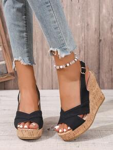 女士时尚交叉软木坡跟凉鞋 - 优雅百搭 - 全新夏季系列 - 舒适休闲 - 日常装扮 - 海滩度假 - 交叉设计 - 露趾 - 坡跟 - 软木鞋底 - 海军蓝 - 高跟鞋 - 优雅风格 - 办公室通勤 - 派对庆祝 - 夏季 - 海军蓝、酒红色、卡其色、黑色 - 软木材质 - 黑色 - 查看 5