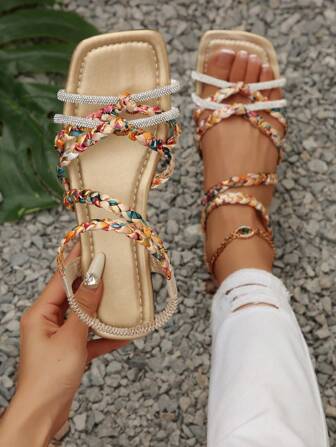 Bohemian Fashion Vacation Women's Crystal Embellished Flat Woven Slip-On Sandals, Outdoor And Indoor Elastic Band Beach Shoes