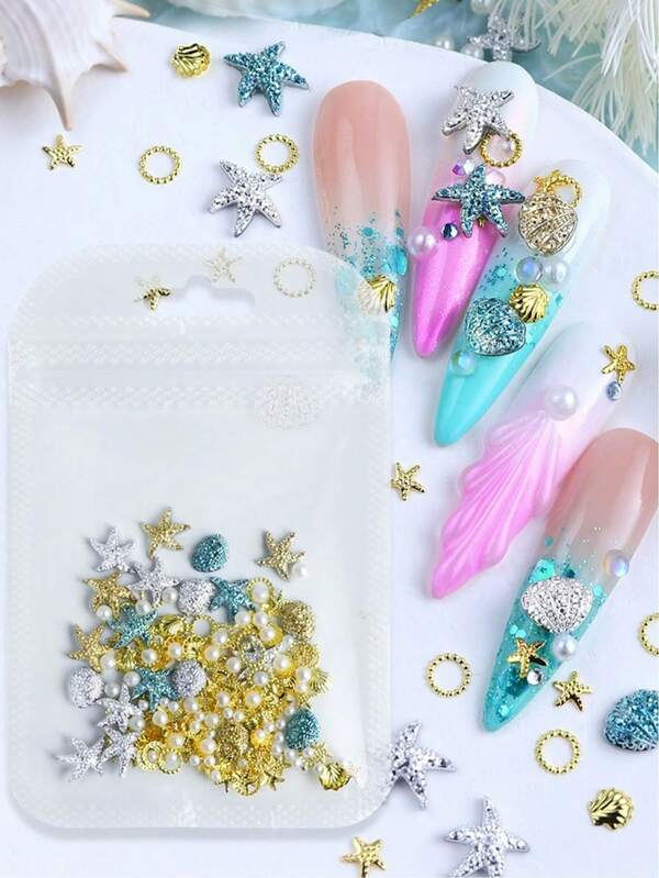 1Bag Sea Star Shell Nail Charms Metal Rivet Starfish Shell Mixed Size Faux Pearl Summer Ocean Style Nail Parts For Diy Women'S Nail Salon Design Decoration Nail Supplies Nails Nail Gems