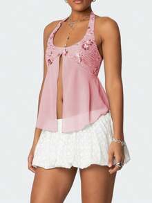 Women Y2K Halter Top Summer Sequin Beaded Crop Tank Tops Sheer Mesh Split Hem Tie Up Backless Sleeveless Cami Deep V Neck Open Back Vest Tops Slim Fit Floral Embroidery Shirts Sexy Going Out Coquette Tops Club Streetwear Fairy Grunge Aesthetic Clothes Outfit - Hồng - Xem 3