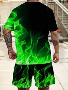 Plus Size Ombre Green Flame Print Short Sleeve Set | 3D Stereoscopic Print Crew Neck Top | Stretchy Breathable Polyester | Casual Sporty Style | Plus Size Loose Fit | Daily & Party Wear - Green - View 2
