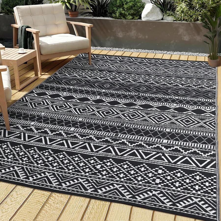 Outdoor Rug Bohemian Style Outdoor Rug Double-Sided Reversible Plastic Straw Rug Easy To Clean For Balcony Beach Deck Patio Picnic RV Camping - Black and White - View 1