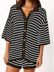 Summer Casual Striped Shirt & Shorts Set - Black - View 4