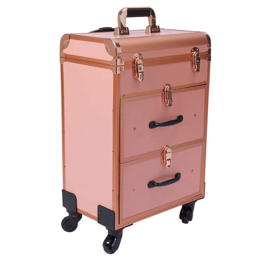 Trolley per il trucco con ruote, grande trolley per cosmetici con serrature, borsa per il trucco con divisori, organizer per cosmetici per trucco e nail art in viaggio, per acconciature.