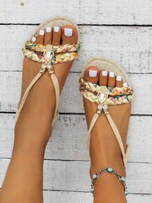 WRCVS Beige Shoes, Women's Flat Sandals Lightweight, Non-Slip Beach Shoes, Summer, Boho, Random Woven Retro Pattern, Handmade Beaded Holiday Shoes - Beige - View 4