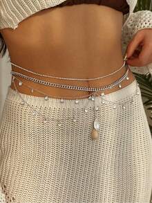 2pcs Multilayer Fashionable Sexy Beach Ocean Resort Style Metal Waist Chain, Shell Tassel Body Jewelry Chain - Shell - View 4