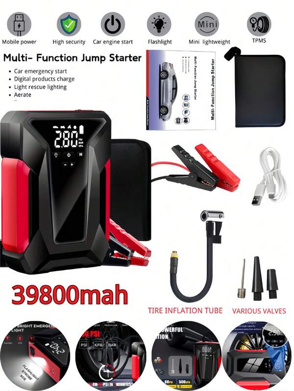 39.800 mAh tragbarer Autostarthilfegerät mit Luftkompressor, Notfall-LED-Licht und Powerbank - schnelles Aufladen für Handys, Laptops, Autos, LKWs, Wohnmobile und mehr - inklusive Aufbewahrungstasche, Fahrzeug-Batterieladegerät | Schlankes Batteriegerät | Fortschrittliche Funktionen, tragbares Starthilfegerät für Autos