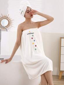 2pcs Women Minimalist Embroidered Soft & Comfortable Bath Robe And Bath Cap Set Summer Wedding Home Bathroom Decor Back To School - White Plum Blossom Skirt - View 6