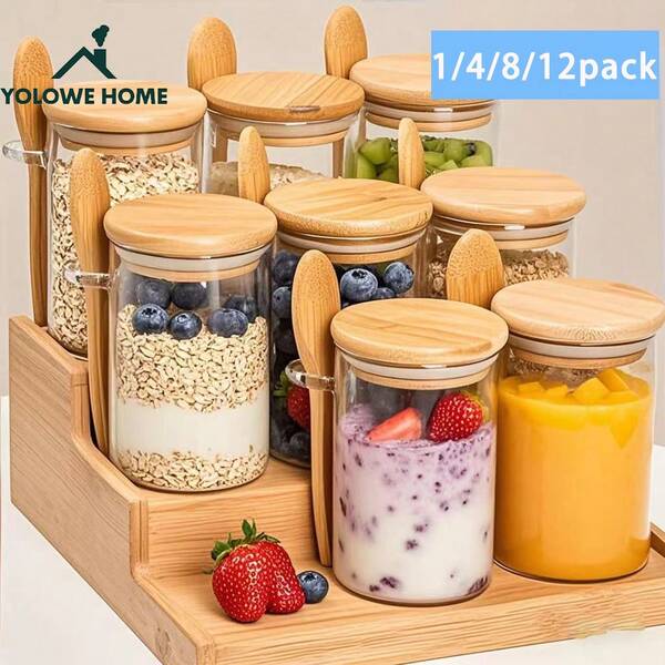 Tarro de vidrio de 9.5 oz con tapa de bambú, paquete de 1/10/12 unidades. Organizadores y almacenamiento de cocina, contenedores para avena overnight, organización del hogar, boca ancha, botes de café, frascos de especias, barbacoa, recipiente para fiestas