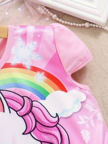 coviviky Vestido de princesa soñadora para niña con estampado de unicornio y flores, de manga corta, hasta la rodilla, con decoración de tul y arcoíris, para el verano