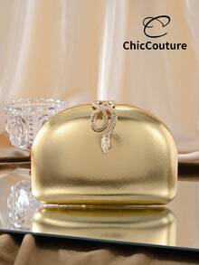 1pc Women's Luxury Golden Glitter Asymmetric Leather Mini Box Clutch Bag, Elegant Fashion Snake Lock Evening Bag, Suitable For Weddings, Galas, Parties, Christmas Gatherings, Formal Events, Can Be A Holiday/Birthday Gift - Gold - View 1