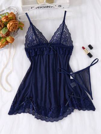2pcs Women Sexy Solid Color Lace Lingerie Set, V-Neck Backless Asymmetric Hem Camisole Dress And Thong, Comfortable Sleepwear