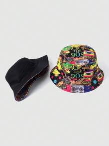 1pc Unisex Fashion Hip Hop 90s 80s Geometric Graffiti Vintage Street Style Reversible Bucket Hat, Versatile For Casual & Commuting