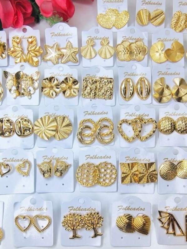 Brincos Femininos Folheado Bijuteria Dourado 10 Pares Sortidos