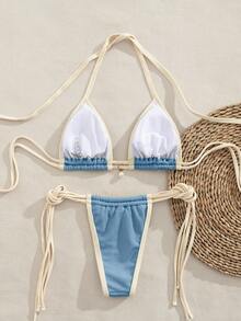 Ladies New European & American Style Bikini Set Set, Bikini Top And Bottom Vacation Beach Summer - Dusty Blue - View 2
