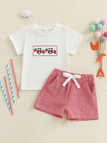 Toddler Baby Boy Summer 4th Of July Outfit American Flag Truck Short Sleeve T-Shirts Plaid Elastic Waist Shorts 2 Piece Summer Set - White - View 7