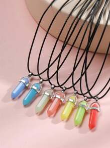 7pcs Multicolor Glow-In-The-Dark Resin Inlaid Star Hexagonal Column Pendant Necklace Set, Suitable As Valentine's Day, Friends, Daily Wear Gift