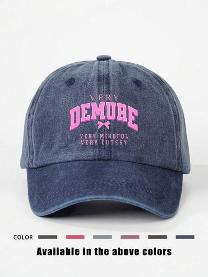1pc Printed DEMURE Washed Baseball Cap, Adjustable Outdoor Sun Protection Casual Hat Suitable For Spring/Autumn Travel, Beach, Y2K Style For Young People