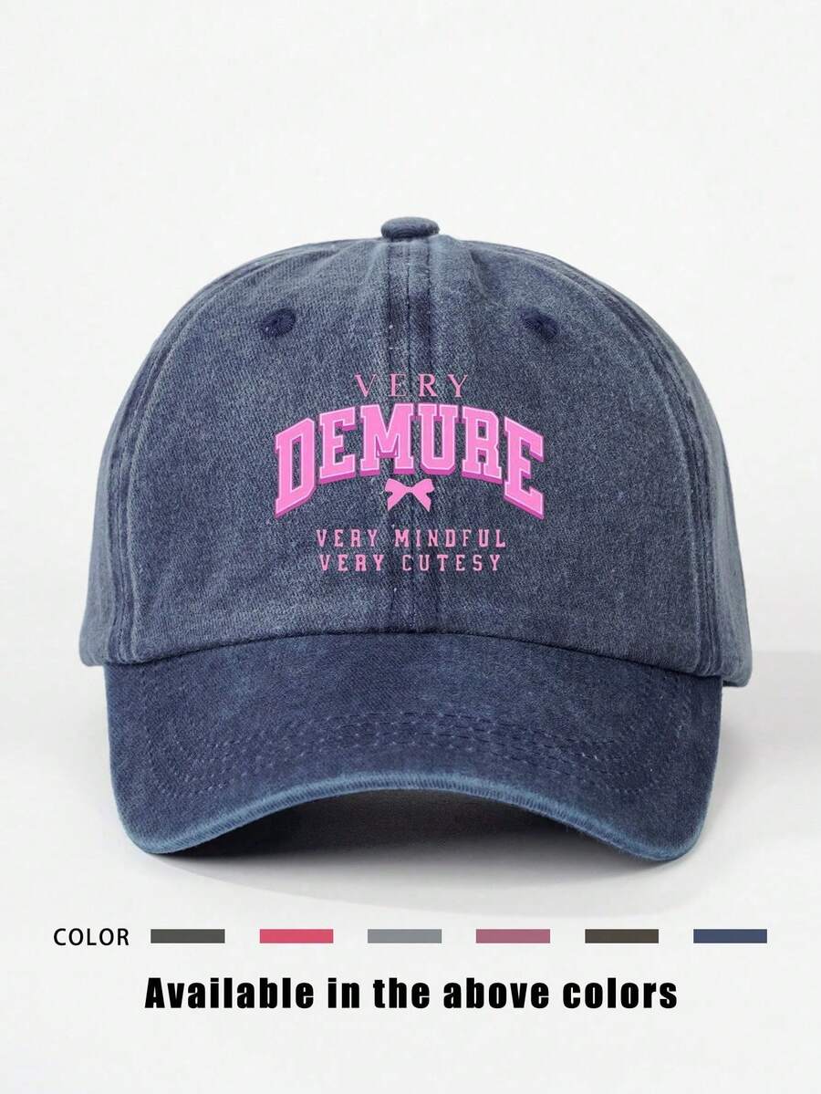 1pc Printed DEMURE Washed Baseball Cap, Adjustable Outdoor Sun Protection Casual Hat Suitable For Spring/Autumn Travel, Beach, Y2K Style For Young People - Baseball Cap - View 1