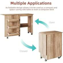 Flrrtenv Folding Sewing Table Multipurpose Craft Station & Side Desk With Compact Design Wheels, Shelves, Bins, Pegs, Magnetic Doors, Metal Doorknobs - Natural