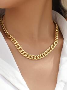 1pc Punk Style Thick Metal Chain Necklace For Women - Yellow Gold - View 1