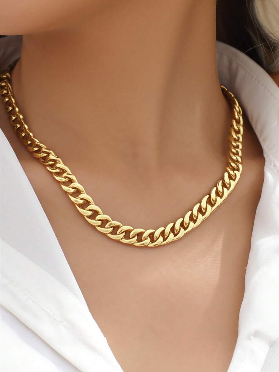 1pc Punk Style Thick Metal Chain Necklace For Women - Yellow Gold - View 1