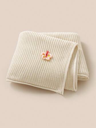 1 件柔和米色针织毛毯，3D 手工蝴蝶结设计，个性化卷边婴儿针织毛毯，适合所有季节