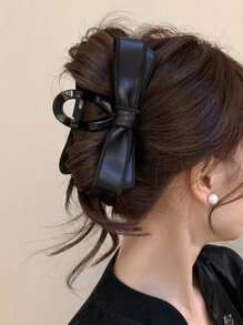 1pc Women's Black Leather Bow Clip, Minimalist High-End Hair Accessory Hair Clip For Bun, Claw Clip Summer