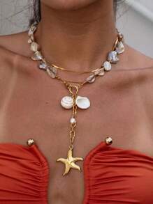 1pc Fashionable Asymmetrical Natural Shell Stainless Steel Starfish Pendant Necklace For Women