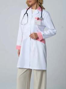 Women Contrast Trim Button Front Lab Coat With Long Sleeves