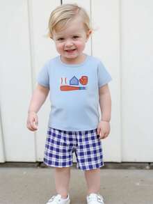 6M-4T Toddler Baby Boy Baseball Outfit For Summer Embroidery Short Sleeve T-Shirt With Plaid Shorts 2 Pcs Set - Blue - View 2