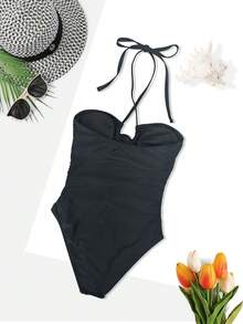 Solid Cross-Tie Backless Tie Front Floral Decor One Piece Swimsuit - Black - View 4