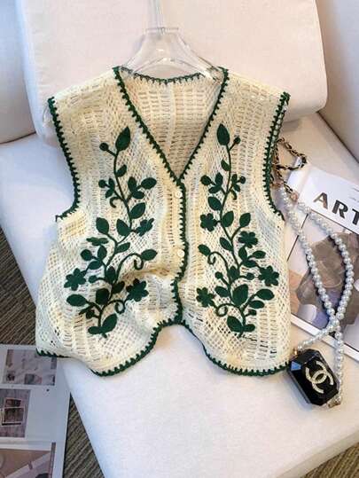 Suéter feminino vintage com estampa de folhas verdes, crochê vazado, bordado, colete, cardigan