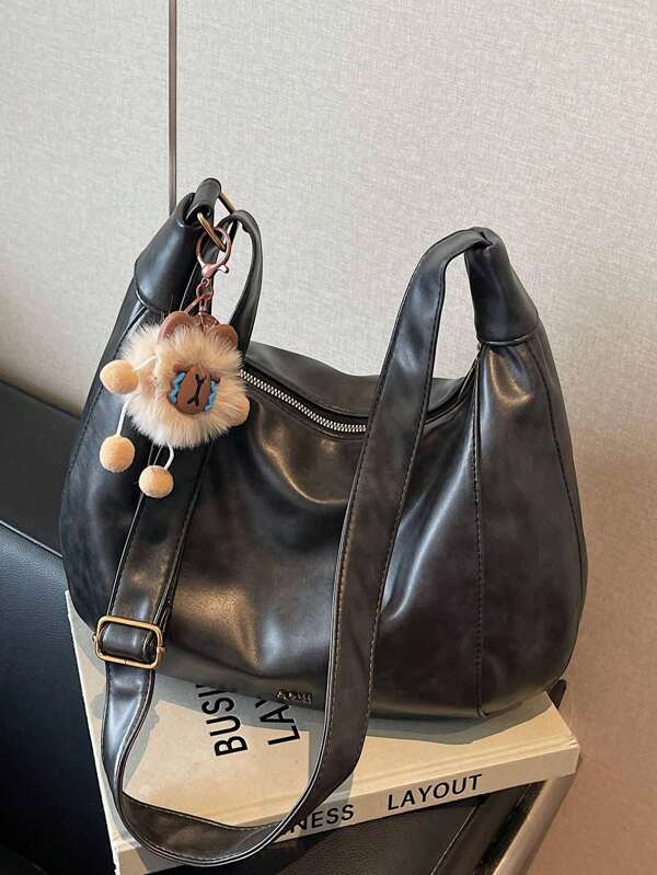 1pc Fashion Women PU Leather Shoulder Bag, Crossbody Bag, Satchel, Messenger Bag, Crescent Bag, (13.4in*11.0in*7.1in), Scratch-Resistant, Suitable For Shopping, Dating, Party, Work Commute, Adjustable Strap, Elegant Minimalist Casual Chic Coffee Color