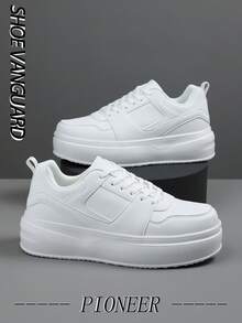 Men's Classic Solid Color Leather Splicing Thick-Sole Shock-Absorbing Flat Non-Slip Sneakers, Outdoor Classic Street Cool Daily Versatile Solid Color Casual Shoes - White - View 1