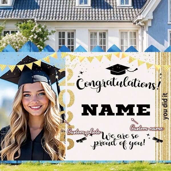 1 قطعة لافتة حفل تخرج شخصية مخصصة لعام 2025 مع صورة وإسم، من قماش البوليستر، خلفية صور ذات موضوع التخرج مناسبة للمنزل والخارج والفناء والفصل الدراسي والديكور وأنشطة الفن للأطفال