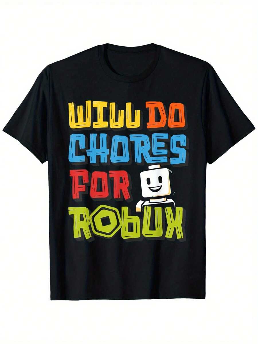 Boys' "Will Do Chores For Robux" Funny Gaming Tee - 100% Cotton, Breathable & Moisture-Wicking Crew Neck Short Sleeve T-Shirt With Colorful Design - Perfect Casual Summer Wear & Gift For Youngsters, Boy T Shirt - 黑色 - 查看 1