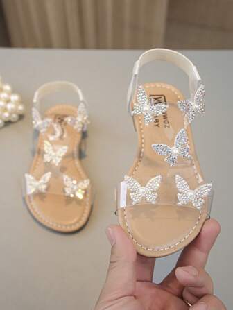 1 双时尚闪亮漂亮水钻透明平底凉鞋，蝴蝶装饰，仙女风格，非常适合夏季穿着