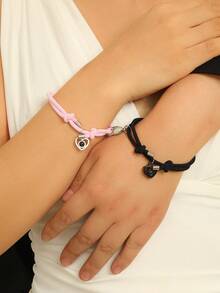 ATLVXJL 2pcs Glow In The Dark Couple Bracelets, Cute Projection Bead Inlaid Heart Shaped Black & Pink Pendant, Casual Everyday Wear, Couple Gift For Halloween, Valentine's Day - Multicolor - View 6