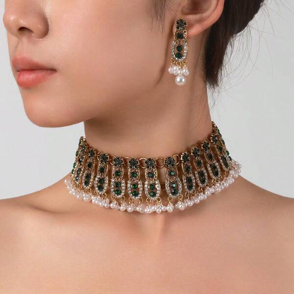 1pc Rhinestone Embellished Necklace And 1 Pair Earrings Set