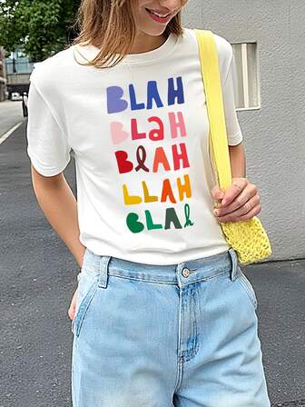 Summer Casual Colorful "Blah" Letter Print T-Shirt, Letter Print Shirt, Women Short Sleeve Round Neck Shirt