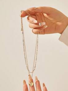 Nooxian 1pc Fashion Designed Heart & Letter E Rhinestone Multi-Layer Necklace (Random Clasp Ring & Bead Counts) - Yellow Gold - View 3